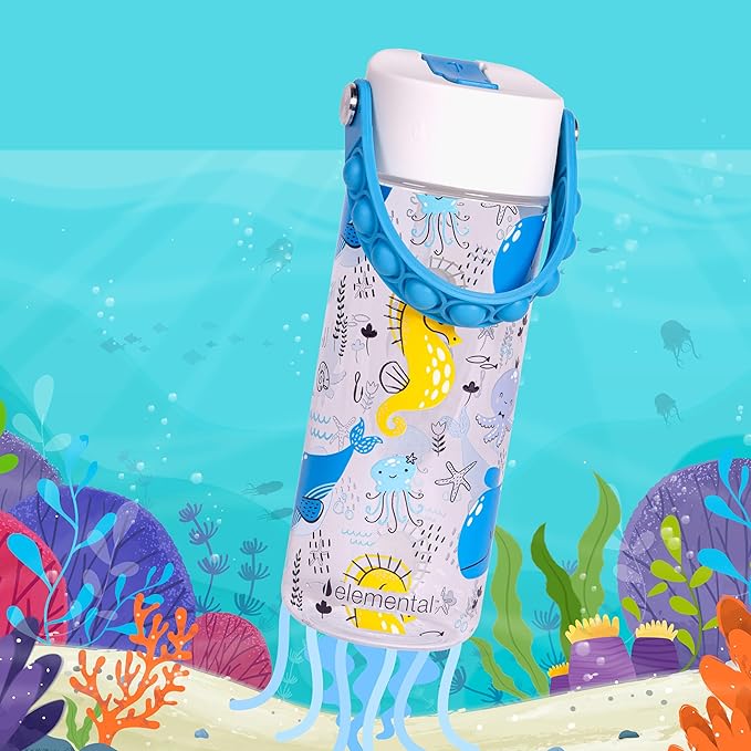Elemental Water Bottles for Kids - Splash Kids Water Bottle for School with Pop-it Handle - BPA Free Tritan Plastic Water Bottle with Straw Leak Proof when Spout is Closed - Ocean Friends - 18oz