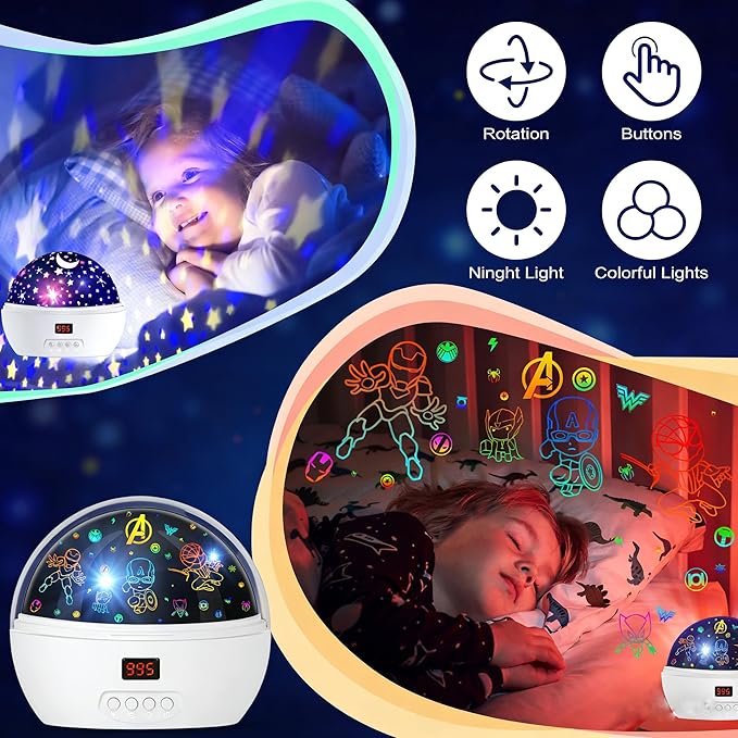 MOKOQI Kid Light Projector Superhero Toys for Boys 5-7 Avengers Night Light Projector with Timer for Kids Room, 360 Degree Rotation Toddler Nightlights with Spiderman Figurine Star Lamps White
