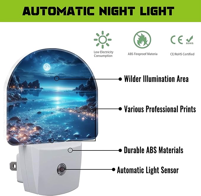 Full Moon and Sparkling Lake Night Light for Kids,Magical Beach at Night Plug in Night Light with Dusk to Dawn Sensor, 0.5w Energy Saving Nightlight for Hallway Stairway Kitchen Bedroom