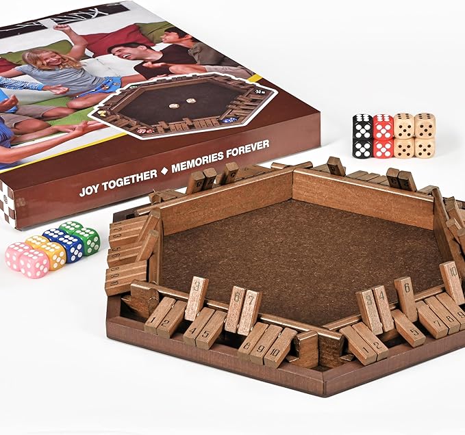 ropoda 6-Way Shut The Box Game-Upgraded 1-6 Player Wooden Dice Game for Adults and Kids, Addition Training, Fun for Family Game Night-Vintage Style