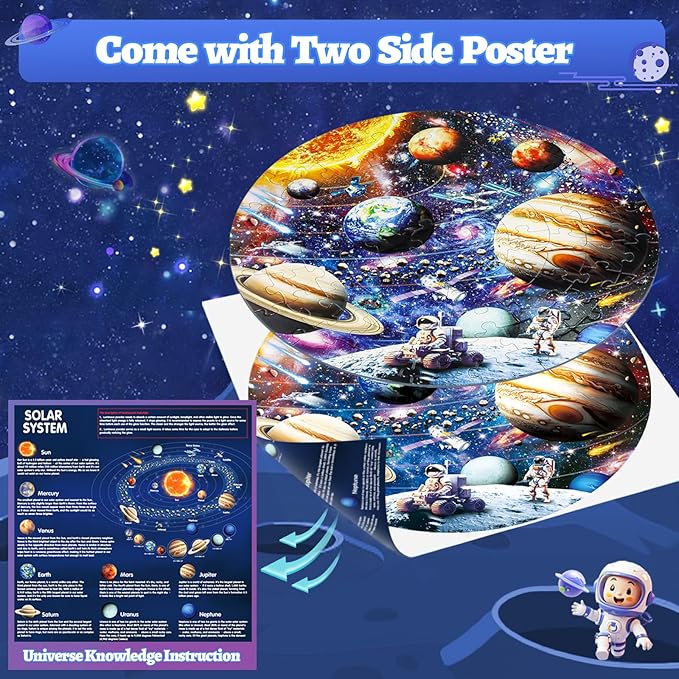 Glow in The Dark Solar System Jigsaw Puzzles for Kids Ages 4-8, 70 Pieces Kids Space Planet Floor Puzzle Toys Ages 8-10, Large Round Educational Puzzle Toys Easter Gifts for Kids Boys Girls