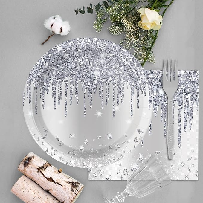 96 Pieces Silver Glitter Party Tableware Set for Denim and Diamonds Party Decorations Silver Plates and Napkins Forks Glitter Diamonds Theme Birthday Table Decorations for 24 Guests Parties Supplies
