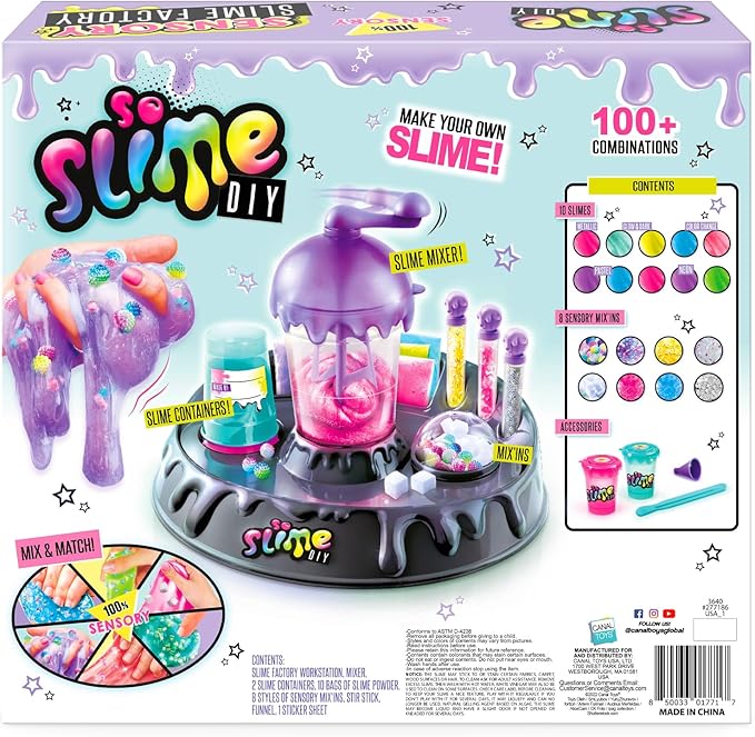 So Slime DIY Sensory Factory; Makes 10 Slimes; No Glue; No Mess; Sensory Mix’ins to Create ASMR Feels; Just Add Water and Turn The Crank; Slime Storage Containers Included
