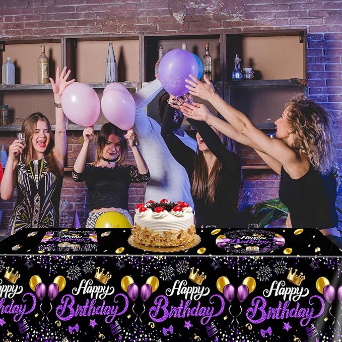 Purple and Black Birthday Decorations,Disposable Party Tableware include Happy Birthday Plates Napkins Tablecloth,for Bday Party Decorations for Women,Girls,Men and Boys,Serves 20