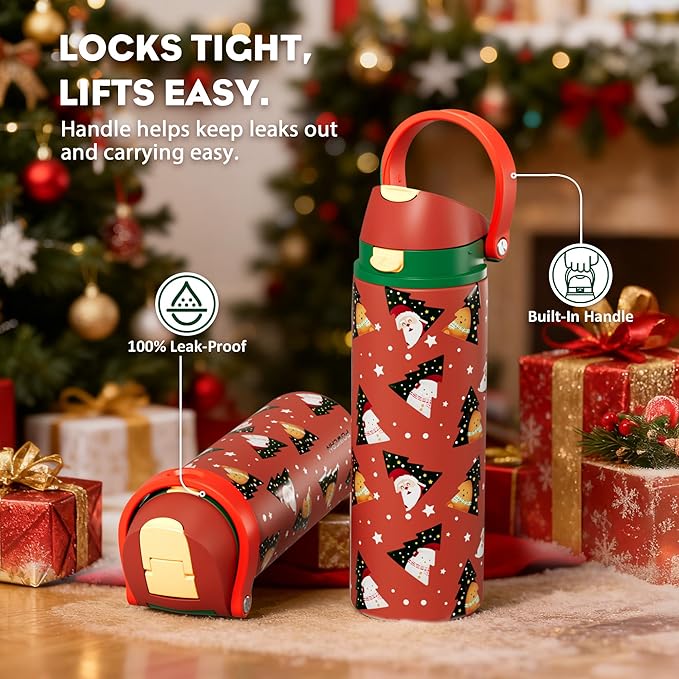 POWCAN 24 oz Christmas Insulated Water Bottle: 2-in-1 Push-Button Spout & Quick-Flip Straw, Leakproof, Car Cupholder Friendly, Stainless Steel Water Bottle for Gift, Sports, Travel (Santa Parade)