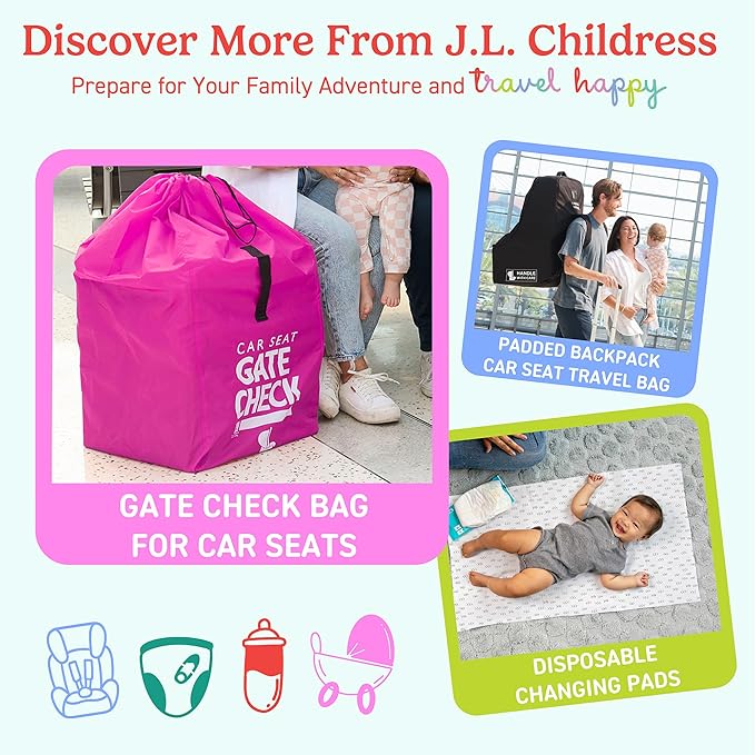 J.L. Childress Gate Check Bag for Single & Some Double Strollers - Travel Bag for Airplane, Fits Most Standard Baby Strollers, Airport Accessories Gate Check, Flying Essentials - Neon Pink
