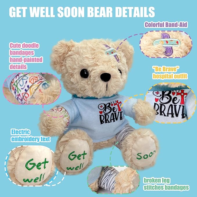 Get Well Soon Bear 2-Pack, 8" Plush Stuffed Animals with Broken Arm & Leg Cast, Cute Surgery Recovery Gifts for Kids, Boys, Girls, Toddlers - "Be Brave" Outfit & "Get Well Soon" Embroidery, Gift Ready