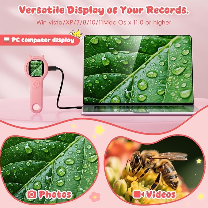 Portable Handheld Mini Digital Microscope for Kids - Educational Science Toys, Christmas & Birthday Gifts for Age 5 6 7 8 9 10 11 12 Girls & Boys (Pink)