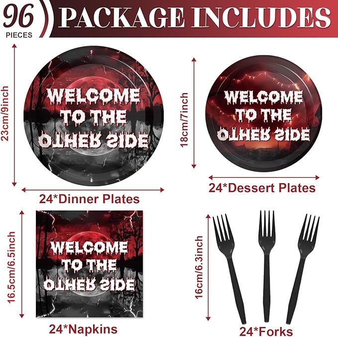 96pcs Welcome to The Other Side Paper Plates Spooky Forest Horror Party Decorations Horror Forest Dinner Plates and Napkins Forks for Halloween Birthday Baby Shower Party Supplies Serve 24 Guests