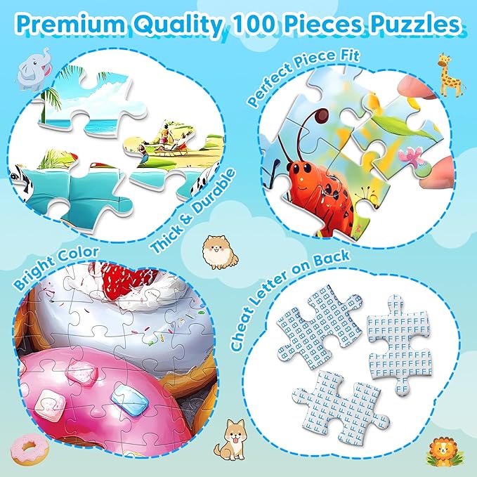 4 Packs 100 Piece Puzzles for Kids Ages 4-6 6-8 8-10, Cute Donuts & Insects & Dalmatians & Animals Educational Jigsaw Puzzles, Birthday Xmas Gifts for Boys Girls Teens Adults Kids Puzzles 4-6 5-8