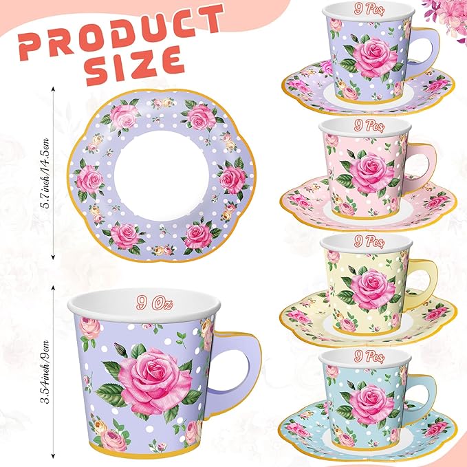 Umigy 36 Sets Mother's Day Tea Party Decorations 9 oz Floral Paper Teacups & Saucer Set for Girls Women Tea Parties Mothers Day Bridal Shower Wedding Birthday Party Decorations(Mixed Color)