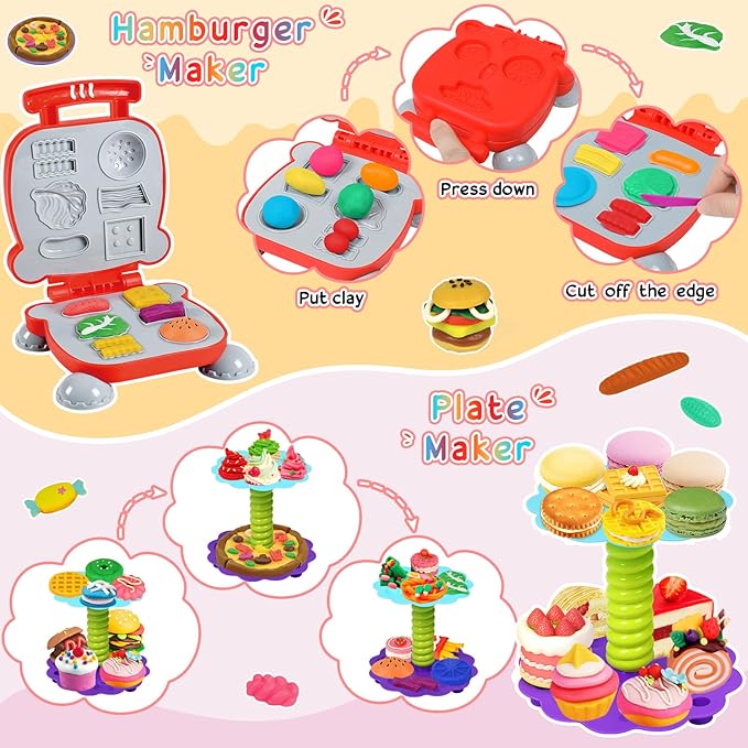 4 in 1 Color Dough Set for Kids 3-5 4-8 Play Kitchen 59Pcs Ice Cream Slime Tools Accessories Kit Playset Noodle Hamburger Maker Food Toy Birthday Gift 3 4 5 6 7 8 Year Old Boys Girls Toys