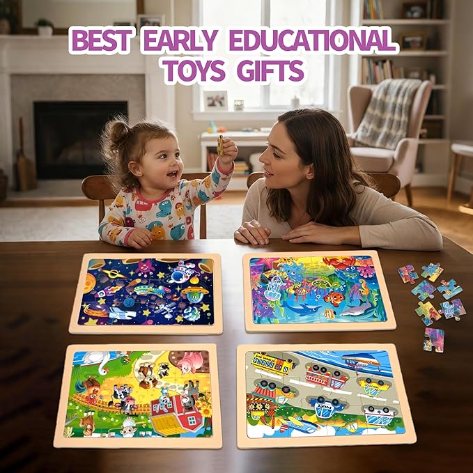 Wooden Puzzles for Toddler Ages 3+, 12 Piece Vehicle Farm Space Ocean Jigsaw Puzzles for Kids 4 Packs, Preschool Toddlers Learning Activity Puzzles Toys for Boys Girls 3 4 5 6 Years Old