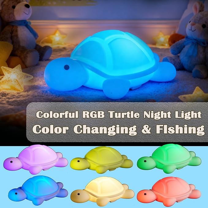 Turtle Night Light, Sea Turtle Gifts, Cute Soft Silicone Squishy LED Lamp with 7 RGB Colors, Dimmable, Timer, Touch Control, Kids' Bedroom Decor