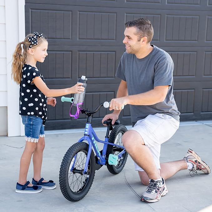 Bike Water Bottle Holder Combo - 20 Oz Squeeze Bottle & Bicycle Mount Cage Rack, No Screws Needed, Durable Alloy - Fits All Handlebar Bikes & MTB Mountain Road - for Adults, Kids (Purple)