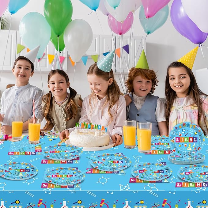 chiazllta Science Party Supplies Tableware Set for 20 Guests Little Scientist Party Birthday Plates Laboratory Decorations Includes 7inch Plates, Napkins, Tablecloth Favor