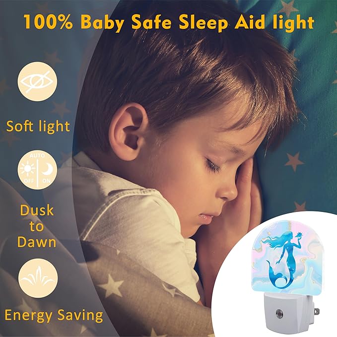 Watercolor Blue Mermaid Night Light for Kids,Pastel Pink Glitter Liquid Marble Plug in Night Light with Dusk to Dawn Sensor, 0.5w Energy Saving Nightlight for Hallway Stairway Kitchen Bedroom