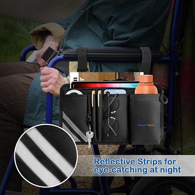 Wheelchair Side Bag with Cup Holder, Universal Armrest Organizer with Reflective Strips & Mesh Pockets, Water-Resistant Storage for Wheelchairs, Walkers, Rollators & Strollers (Black)