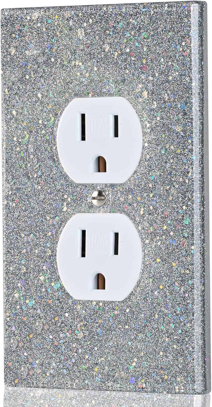 Deep Silver Glitter Outlet Covers - Sparkling Wall Plate 5.1"x3.15", Unique Gift for Her, Housewarming, Birthday, Home Decor,Single Duplex
