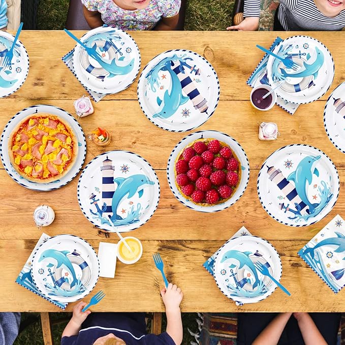 96Pcs Dolphin Party Supplies Funny Ocean Dolphin Nautical Plates and Napkins Disposable Cute Under the Sea Animal Tableware Set for Kids Nautical Baby Shower Birthday Party Decorations Serves 24