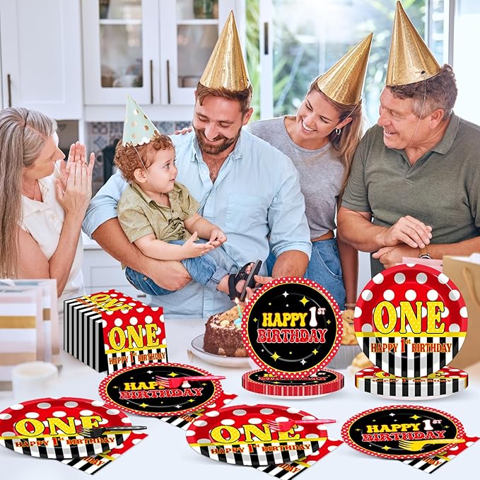 96 Pcs Mouse 1st Birthday Party Plates and Napkins Set Cartoon Mouse Party Decorations Red Black Yellow Paper Dessert Plates Polka Dot Tableware Set for Boys Girls 24 Guests