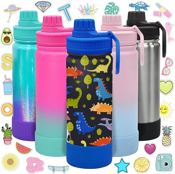CHILLOUT LIFE 17 oz Kids Insulated Water Bottle for School with Leakproof Spout Lid and Cute Waterproof Stickers, Personalized Stainless Steel Thermos Flask Metal Water Bottle for Girls & Boys