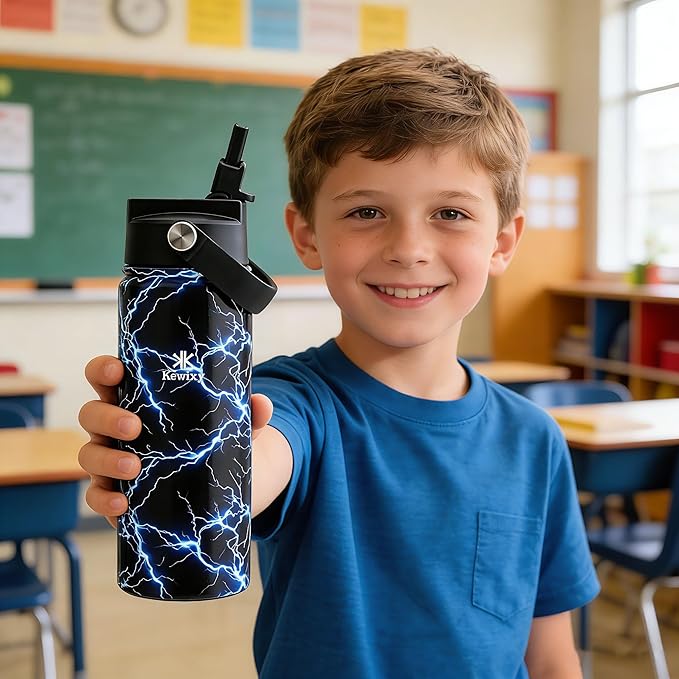 KEWIXY 18oz Boys Water Bottle with Straw, Easy Slide Lid, Leak Proof, Keep Cold 24H, Vacuum Insulated Tumbler, Metal Stainless Steel with Handle for School & Sport, Lightning