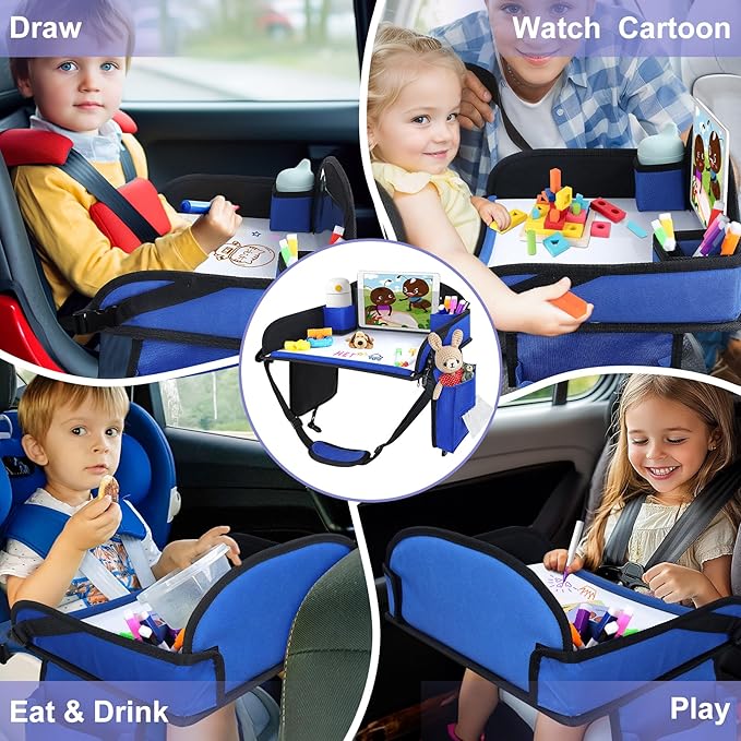 Kids Travel Tray, 2Pcs Kids Travel Trays for Car Seat, Road Trip Essentials for Toddler, Carseat Lap Tray Organizer for Road Trip, Airplane Activities for Kid, Blue