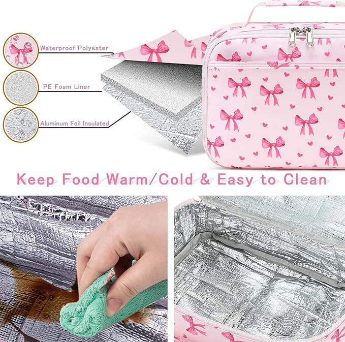 LOIDOU Lunch Box for Kids Boys Girls Insulated Lunch Bag Thermal Meal Tote Reusable Lunch Pail Bags for School Travel (Bow Tie Pink)