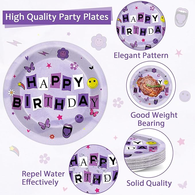 CHUNNIN 96Pcs Purple Music Party Plates and Napkins for Girl Sing Party Supplies Musical Themed Paper Dessert Plates Tableware Set for Kids Baby Shower 24 Guests Music Lover Birthday Party Decorations