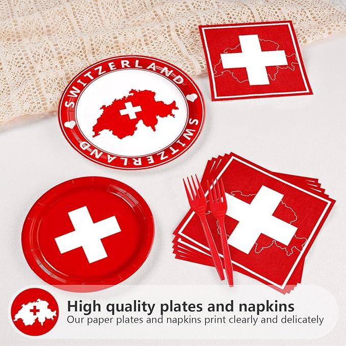 Grencian 96Pcs Switzerland Party Supplies Swiss Flag Plates and Napkins Disposable Switzerland Paper Plates Swiss National Day Decorations Tableware Kit for Travel, Cultural or Themed Events