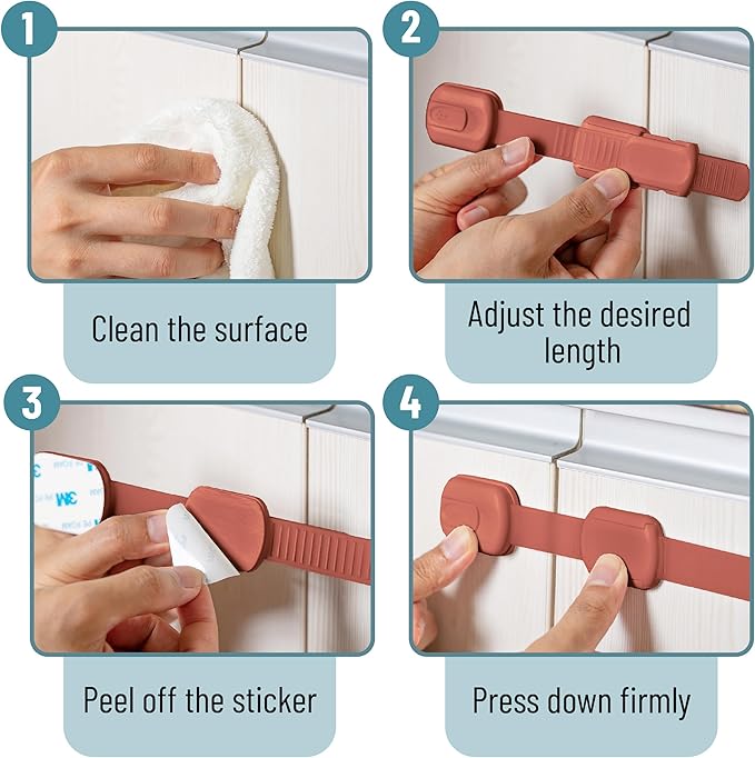 Bate- Child Safety Strap Locks, 6 Pack, Rusty Color, Baby Locks for Cabinets, Drawers, Kitchen, Toilet, Furniture, Fridge, Multi-Purpose, Easy Install with Quick 3M Adhesive for Childproofing