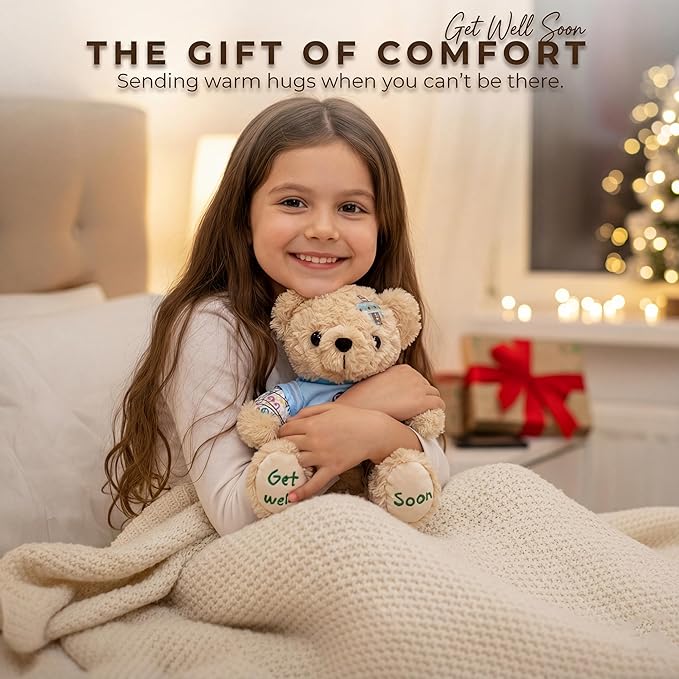 Get Well Soon Bear for Surgery Recovery Gifts, Emotional Comfort Stuffed Animal for Kids & Women, Tonsillectomy & Appendix Post-Op Plush, Be Brave Hospital Patient Companion, 8 Inch Beige