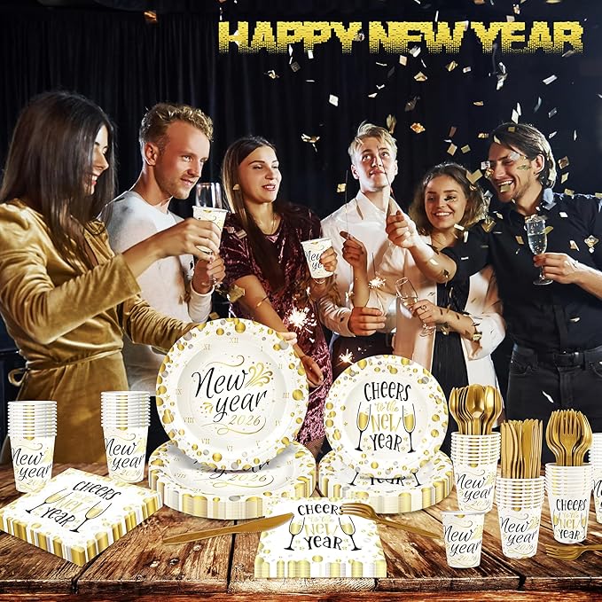 168pcs Happy New Year Party Supplies, White and Gold Paper Plates Napkins Cups and Gold Cutlery for 24 Guests, 2026 New Year Disposable Tableware Supplies for Party Decorations