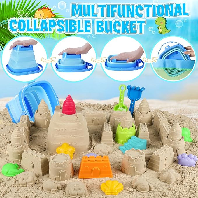 ERHAICAT Beach Toys, Dinosaur Sand Toys for Kids Toddlers with Collapsible Bucket, Sand Castle Building Kit, Mesh Storage Bag & Shovel Rake, Travel Summer Toys for Boys Girls Ages 3-10