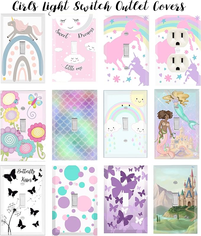 Girls Room Decor Light Switch Cover Plate Kids Room, Decorative Wall Accent for Baby Nursery, Teen Toddler Bedroom Bathroom Playroom (Pastel Unicorn Outlet)