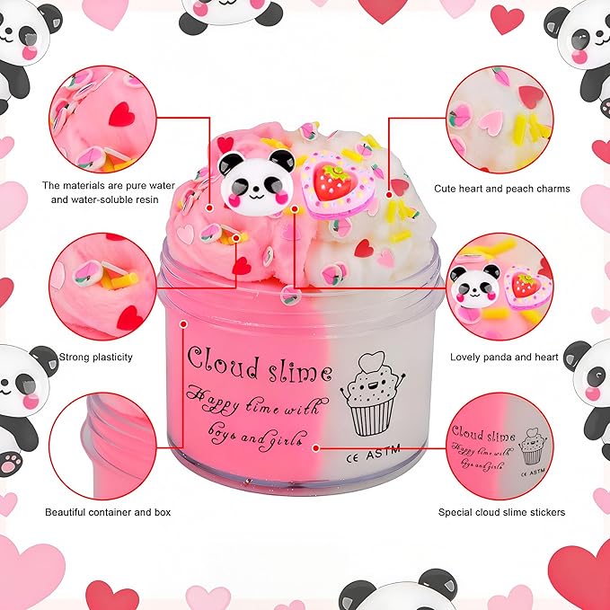 Heart - Panda Peachybaby - Cloud Slime,Stress Relief Toys with Cute Panda Cards Bulk for Exchange Present, Party Favors Kids Boys Girls,Goodie Bag Stuffers