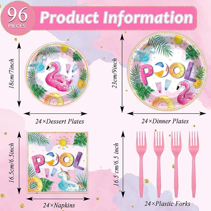96Pcs Pink Pool Party Plates and Napkins Summer Beach Birthday Party Supplies Ball Theme Flamingos Unicorns Dessert Plates Forks Tableware Disposable for 24 Guests Girls Hawaii Birthday Decorations