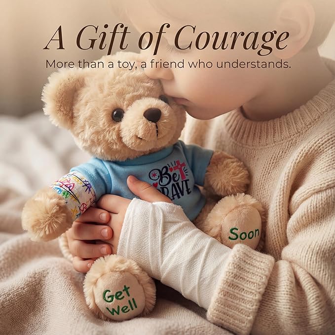 Get Well Soon Bear for Surgery Recovery Gifts, Emotional Comfort Stuffed Animal for Kids & Women, Tonsillectomy & Appendix Post-Op Plush, Be Brave Hospital Patient Companion, 8 Inch Beige