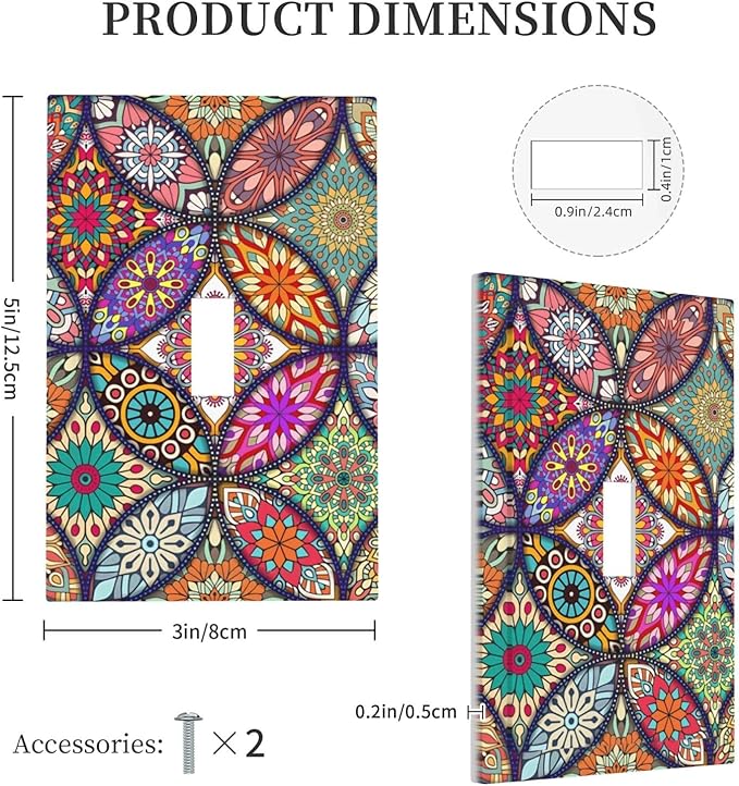 Boho Floral Pretty Colorful Mandala Flowers Decorative Light Switch Cover 1 Gang Single Toggle Device Electrical Faceplate Switchplates Decorator Outlet Wall Plate for Bedroom Living Room Decor
