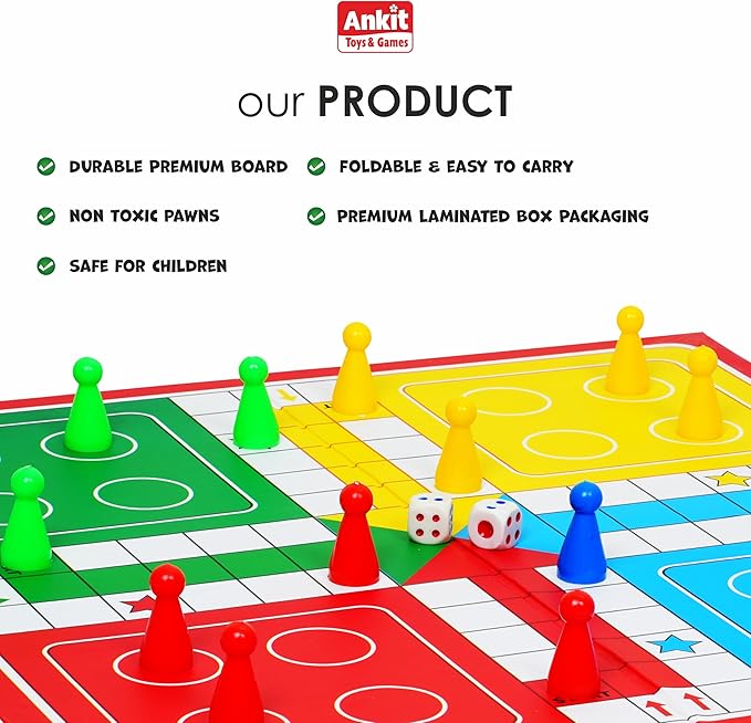 Ankit Toys & Games Ludo & Snakes and Ladders (Saap Seedhi) Board Game Set Classic 2in1 Family Fun for Kids and Adults for Ages 6+ | Travel-Friendly Strategy Game (Ludo Senior Red)