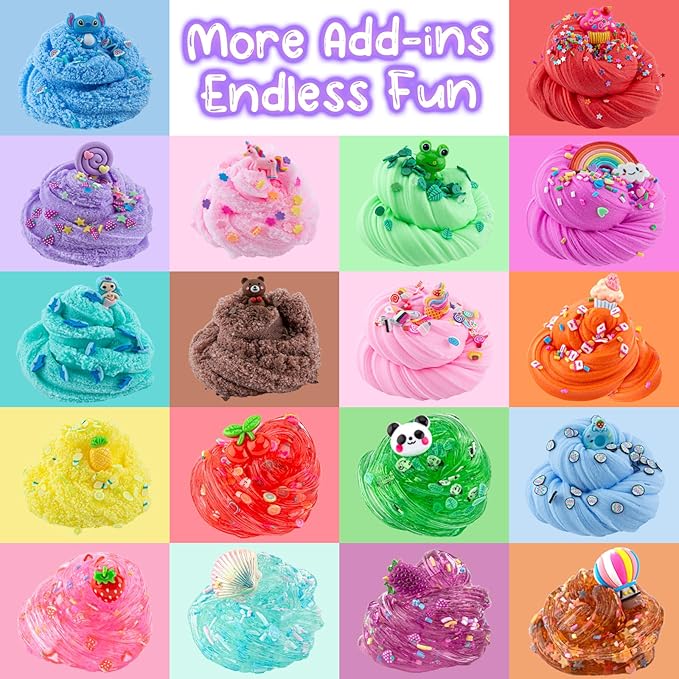 18 x 80 mL Big Premade Slime Kit - 48 FL OZ Slime with 6 Butter, 6 Cloud & 6 Clear Crystal Slimes Varieties - Party Favors for Kids, 56 Pcs Slimes Pack with Jelly Cube Add-ins