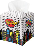 Superhero Comic Cityscape Square Leather Tissue Box Cover – Pow! Superhero Themed Facial Paper Organizer, for Kids & Superhero Fans, Decor for Bathroom, Party & Baby Shower