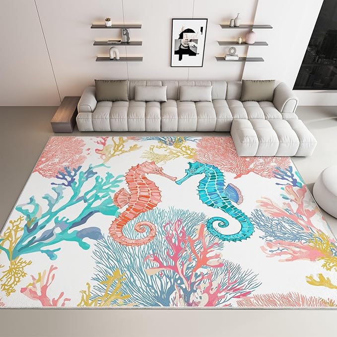 Washable Ocean Coral Seahorse Area Rugs 2×3.6ft Watercolor Style Non-Slip Floor Carpet for Kids Room Bedroom, Runner Rug for Hallway Kitchen Dining Room Home Office