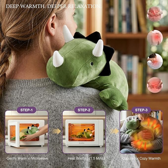 OSOCU® Microwavable Heating Pad Green Triceratops Plush - 1.4 Lb Weighted Stuffed Animal Toy with Tourmaline Beads & Lavender - 16" Squished Long Dinosaur Pillow - Lumbar Back Cushion Lasting Warmth