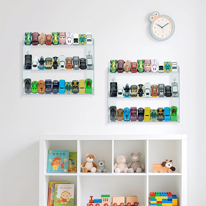 [2 Pack] Clear 3-Tier Display Case for 1:64 Toy Cars – Holds 30 Diecast Vehicles, Wall Mounted or Desktop Organizer Rack for Collectors