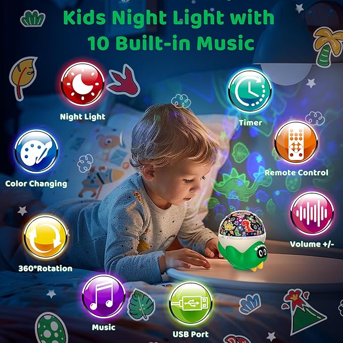 MOKOQI Dinosaur Night Light Projector for Kid Room | Dinosaur Toys for Kids 3-5 | Baby Light Projector with Music Timer and Remote Control Birthday Gifts for Boys