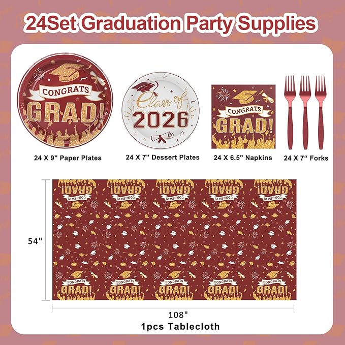 Graduation Plates and Napkins 2026,97Pcs Maroon Disposable Grad Plates Class of 2026 Dessert Plates Napkins,Tablecloth,Forks,Graduation Decorations for Congrats Grad Party,Serve 24