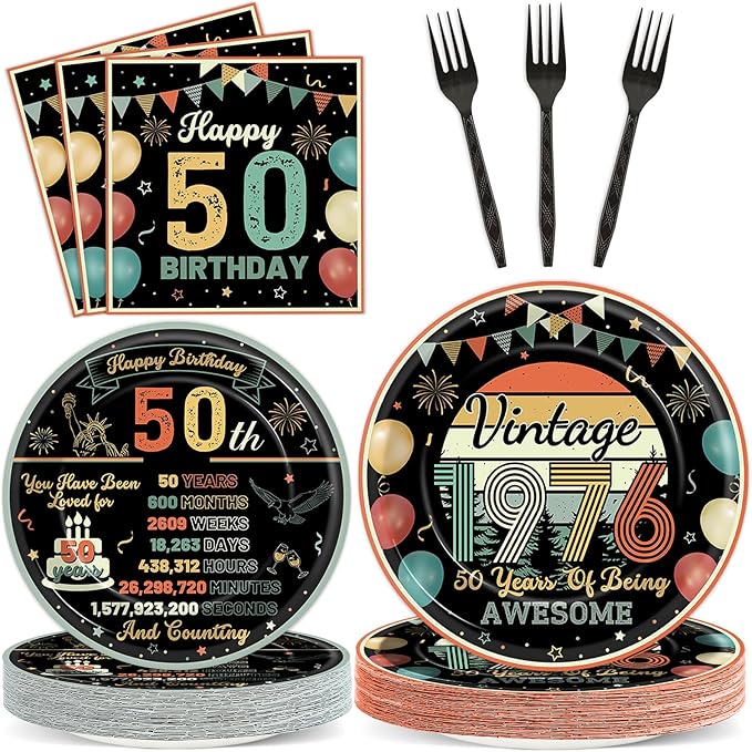 Wiooffen 96 Pcs Vintage 50th Birthday Party Plates Napkins Tableware Set Back in 1976 Supplies Disposable Dinnerware Colorful Cheers to 50 Years Decoration Favors for Women Men Party Favor, 24 Guests