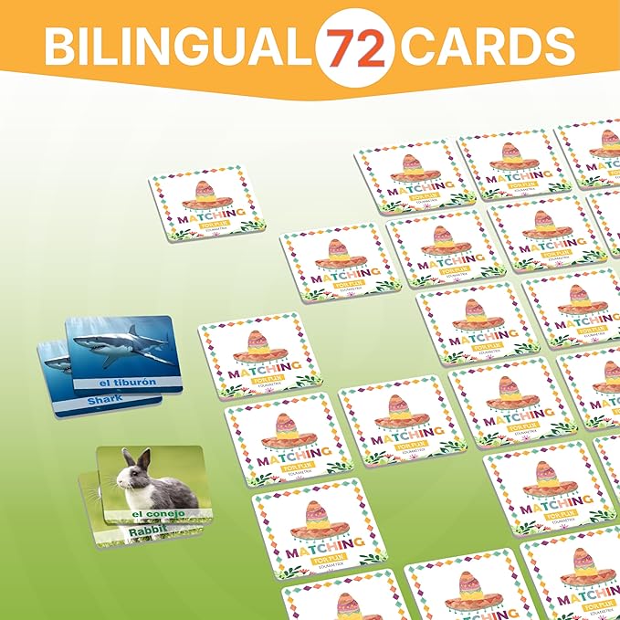 72 (36 Pairs) Spanish English Bilingual Animal Memory Matching Game with Reusable Custiomizable Cards,Instruction Language Learning Games for ESL and Language Immersion for Teens.